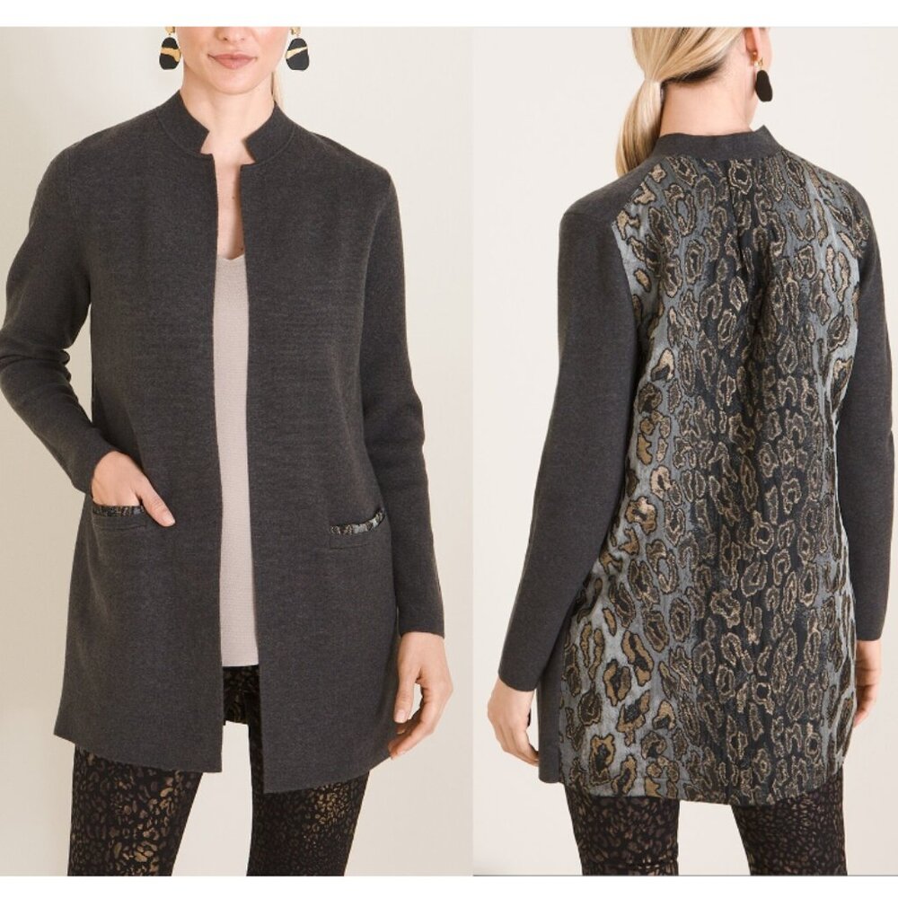 CHICO'S Animal-Detail Woven-Back Cardigan Sweater Open-Front Gray Size 3/XL